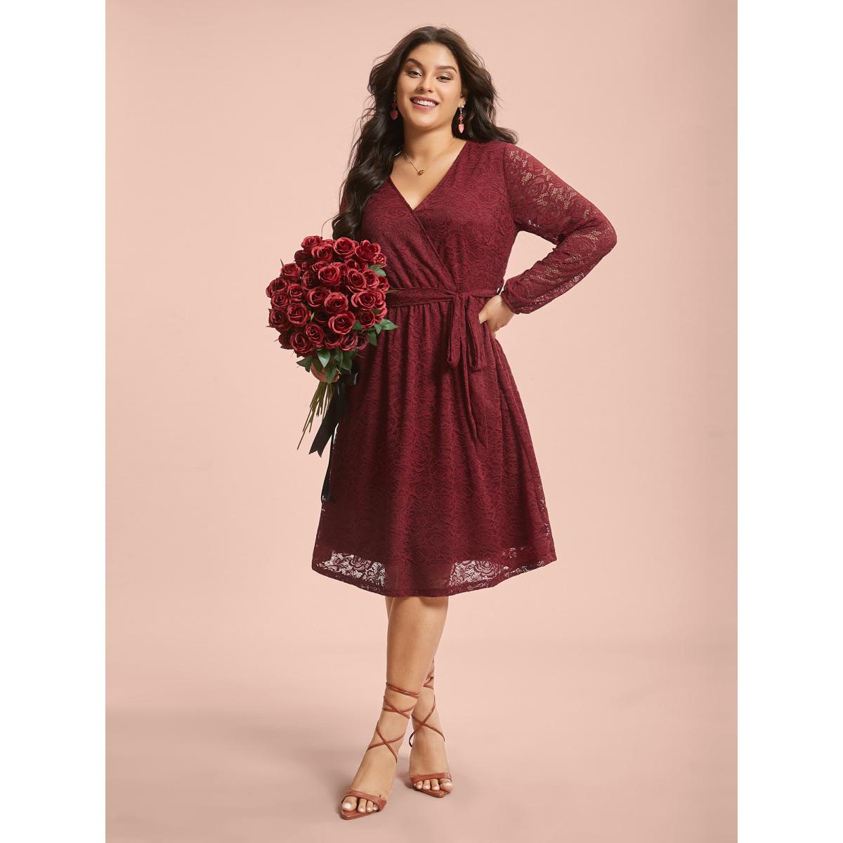 Plus Size Crochet Lace Mesh Surplice Neck Belted Dress Burgundy Women Elegant Texture Party Curvy Bloomchic 14-16/1X Product Image