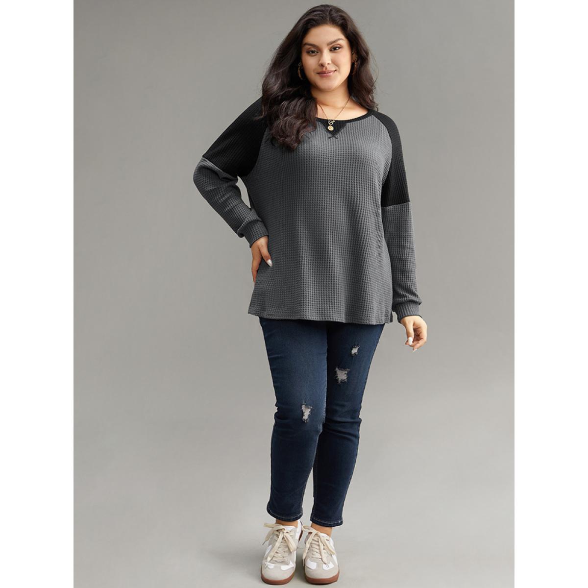 Plus Size Waffle Knit Contrast Patchwork T-shirt Gray Women Casual Contrast Plain Round Neck Everyday T-shirts BloomChic 10/M Product Image