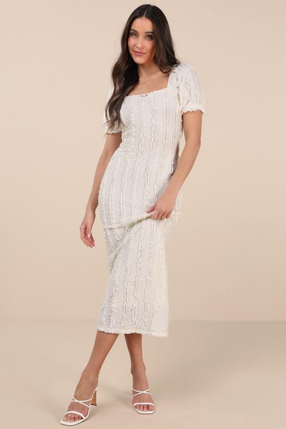Typical Cutie Ivory Textured Puff Sleeve Midi Dress Product Image