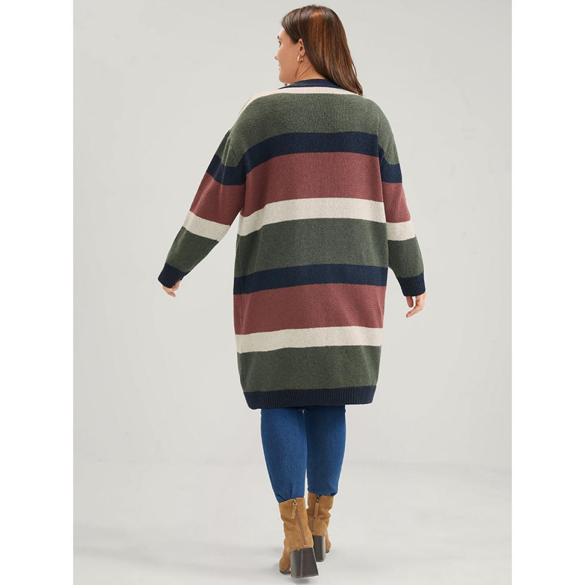 Plus Size Colorblock Contrast Pointelle Knit Heather Open Front Long Cardigan Multicolor Women Casual Loose Long Sleeve Dailywear Cardigans BloomChic 30/6X Product Image