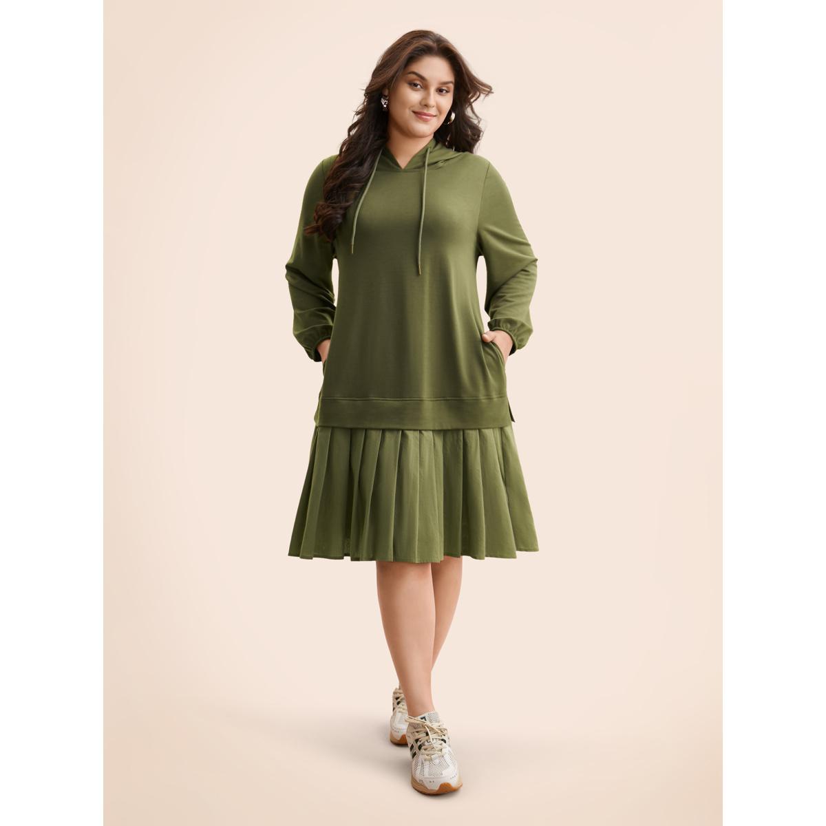 Plus Size Patchwork Pleated Hooded Drawstring Dress ArmyGreen Women Casual Pleated Hooded Long Sleeve Curvy BloomChic 10/M Product Image