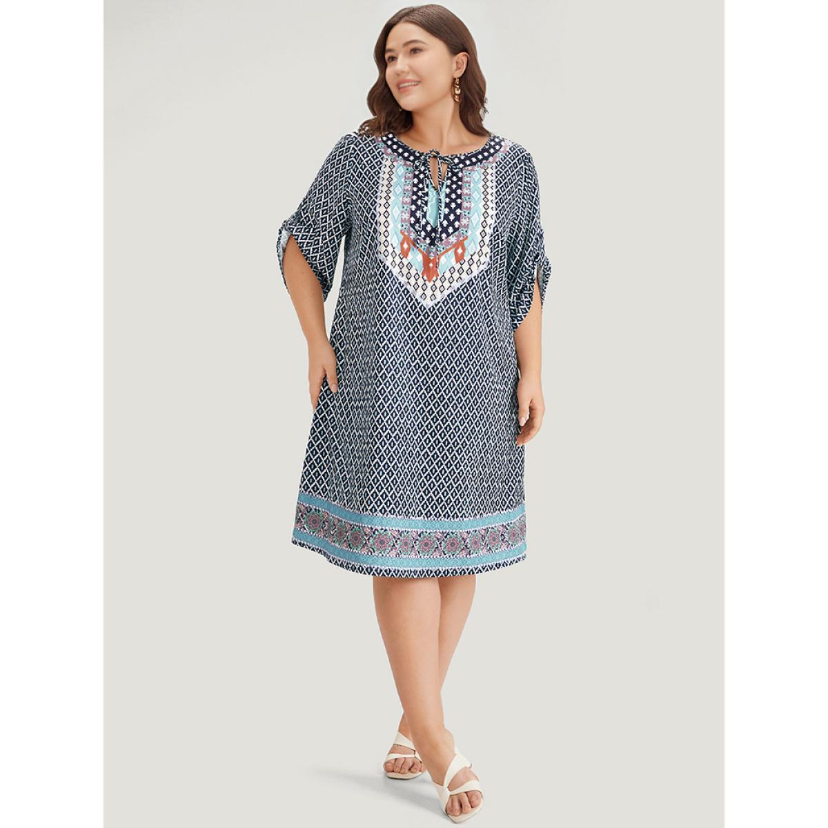 Plus Size Bandana Print Pocket Button Knot Neck Dress DarkBlue Women Vacation Button V-neck Elbow-length sleeve Curvy Knee Dress BloomChic 28/5X Product Image