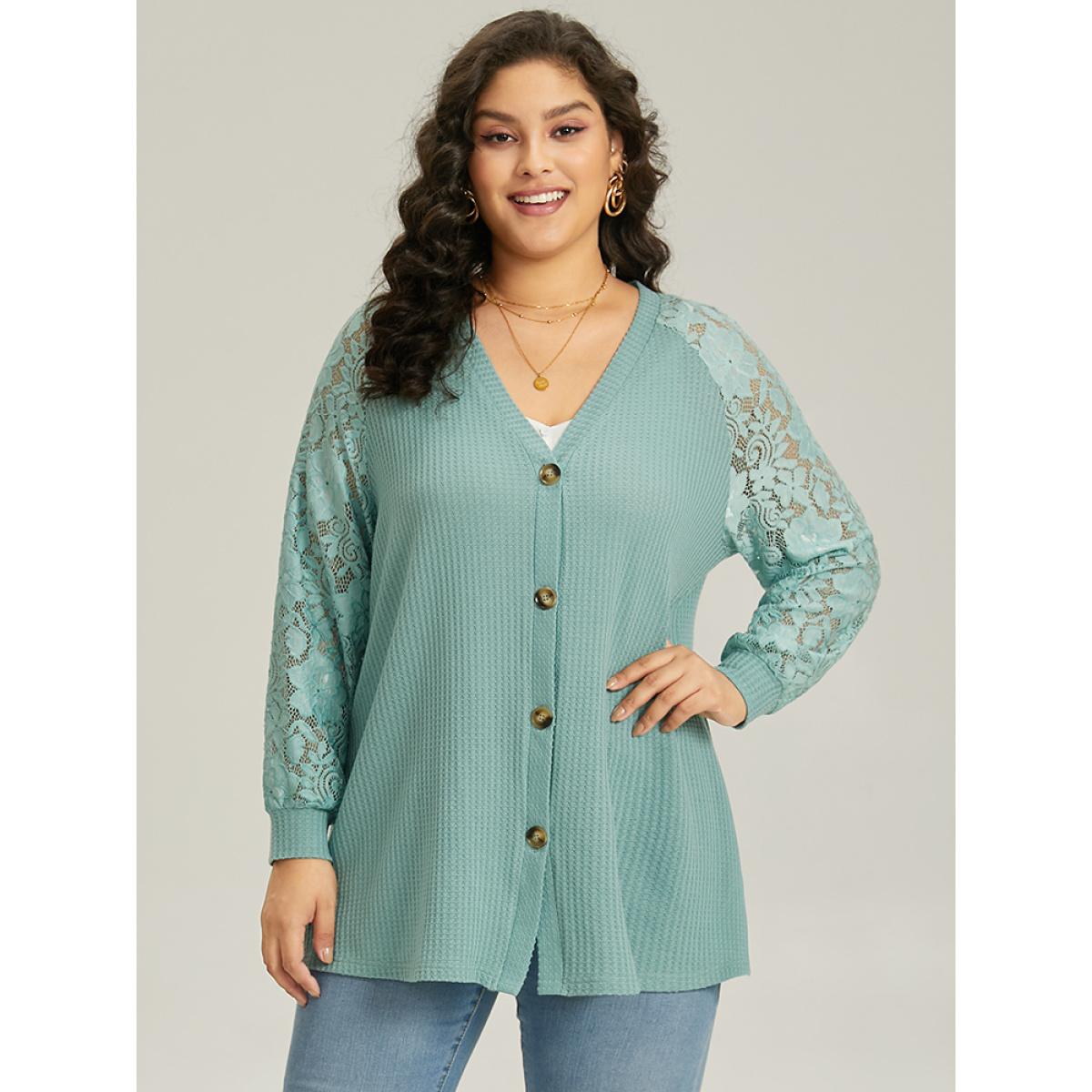 Plus Size Plain Lace Patchwork Texture Raglan Sleeve Coat Women Turquoise Casual Texture Dailywear Kimonos BloomChic 12/L Product Image