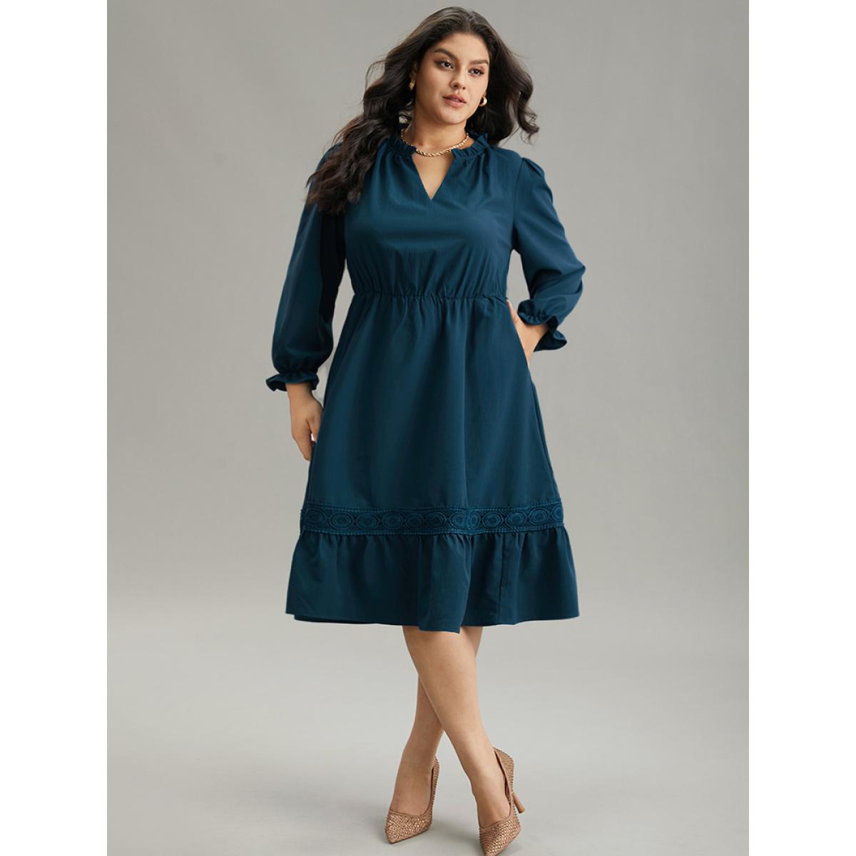 Plus Size Solid Frill Trim Guipure Lace Flutter Sleeve Dress Aegean Women At the Office Plain Notched collar Long Sleeve Curvy Midi Dress BloomChic 28/5X Product Image