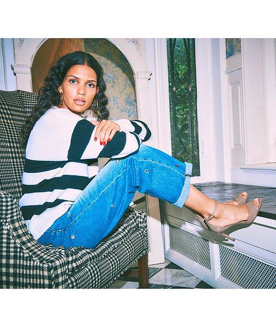 Vince Camuto Wide Striped Long Sleeve Point Collar Ribbed Cuff Knit Sweater Product Image