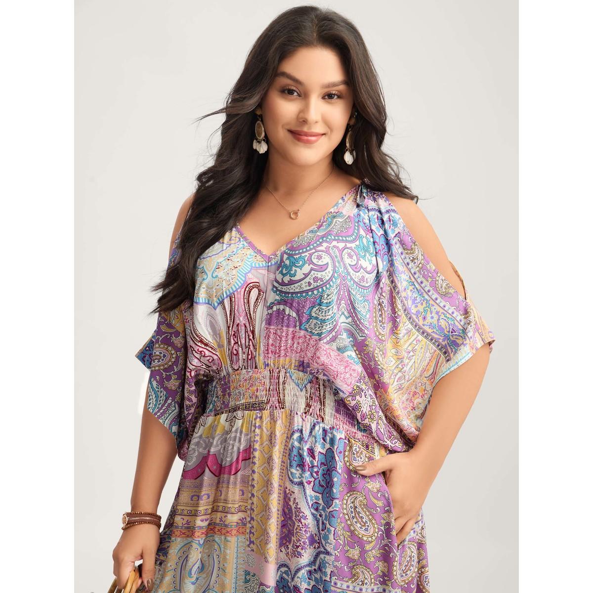 Plus Size Boho Collage Off-Shoulder Maxi Dress Multicolor Women Boho Deep V-neck Sleeveless Curvy BloomChic 30/6X Product Image