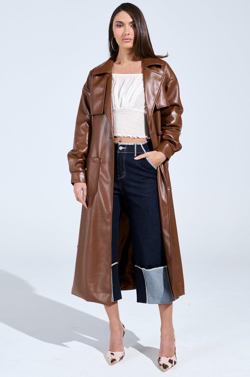 BUTTER LUXE FAUX LEATHER TRENCH IN BROWN Product Image