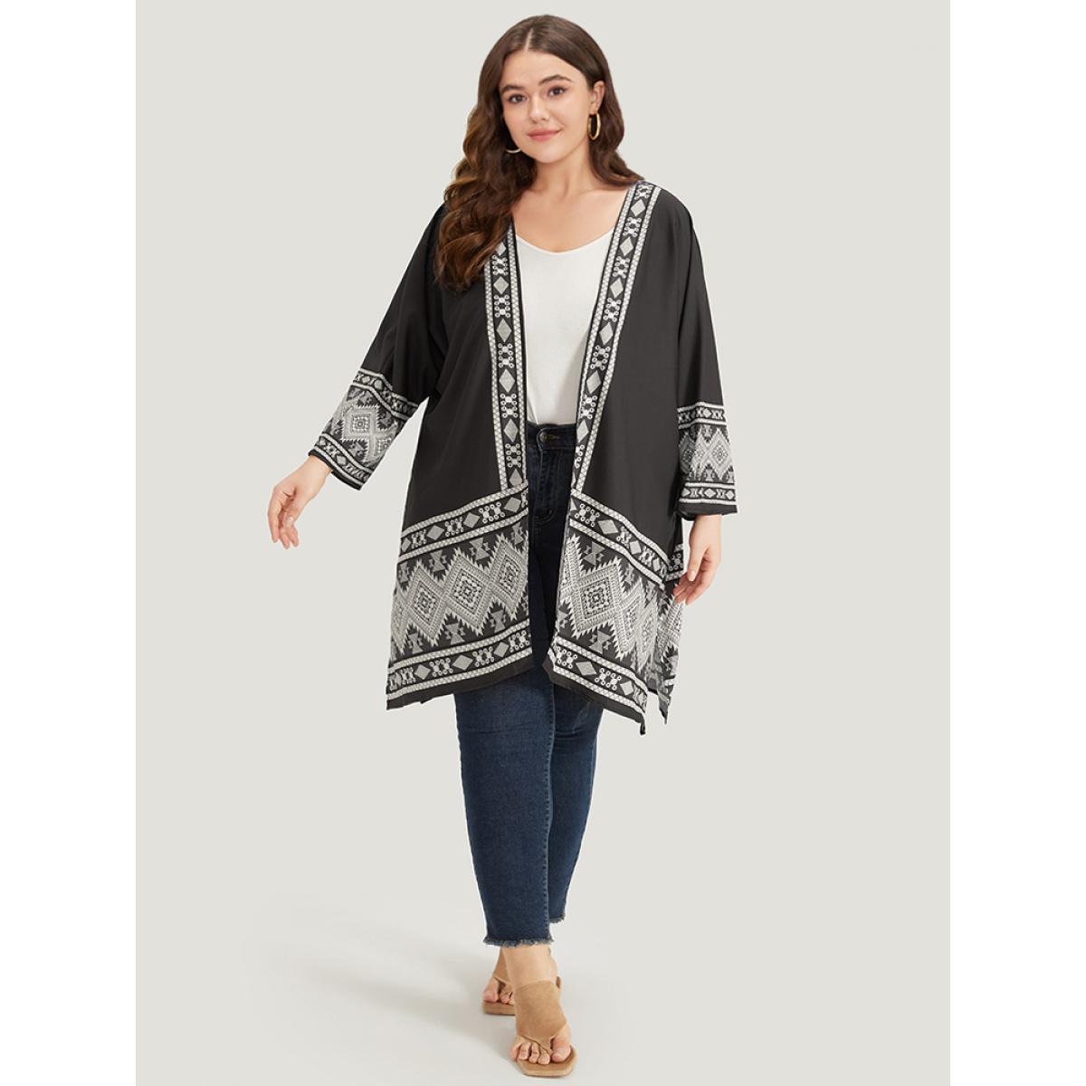 Plus Size Boho Print Open Front Pocket Split Hem Kimono Women Black Casual Printed Loose Pocket Dailywear Kimonos BloomChic 30/6X Product Image