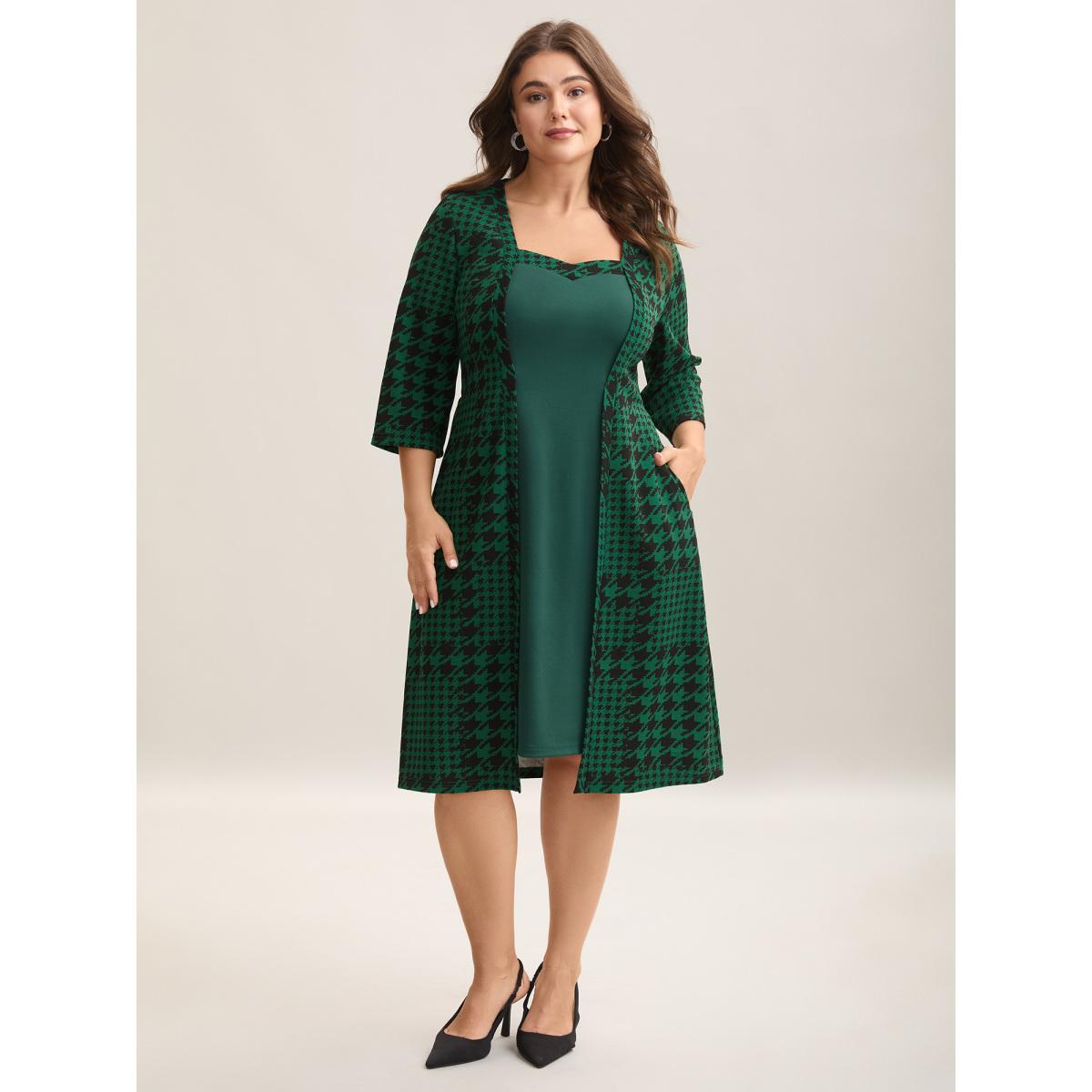 Plus Size Houndstooth Print Waist-Cinched Patchwork Midi Dress DarkGreen Women Office Patchwork Knit Dresses Bloomchic 10/M Product Image