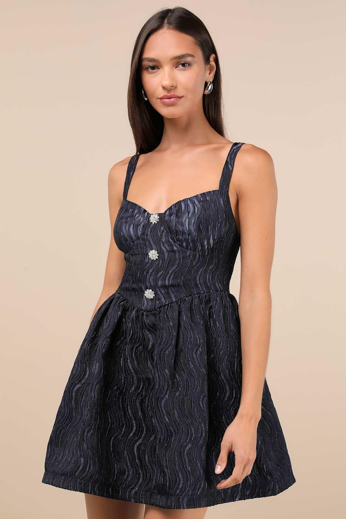 Charmingly Precious Navy Pleated Textured Bustier Mini Dress Product Image