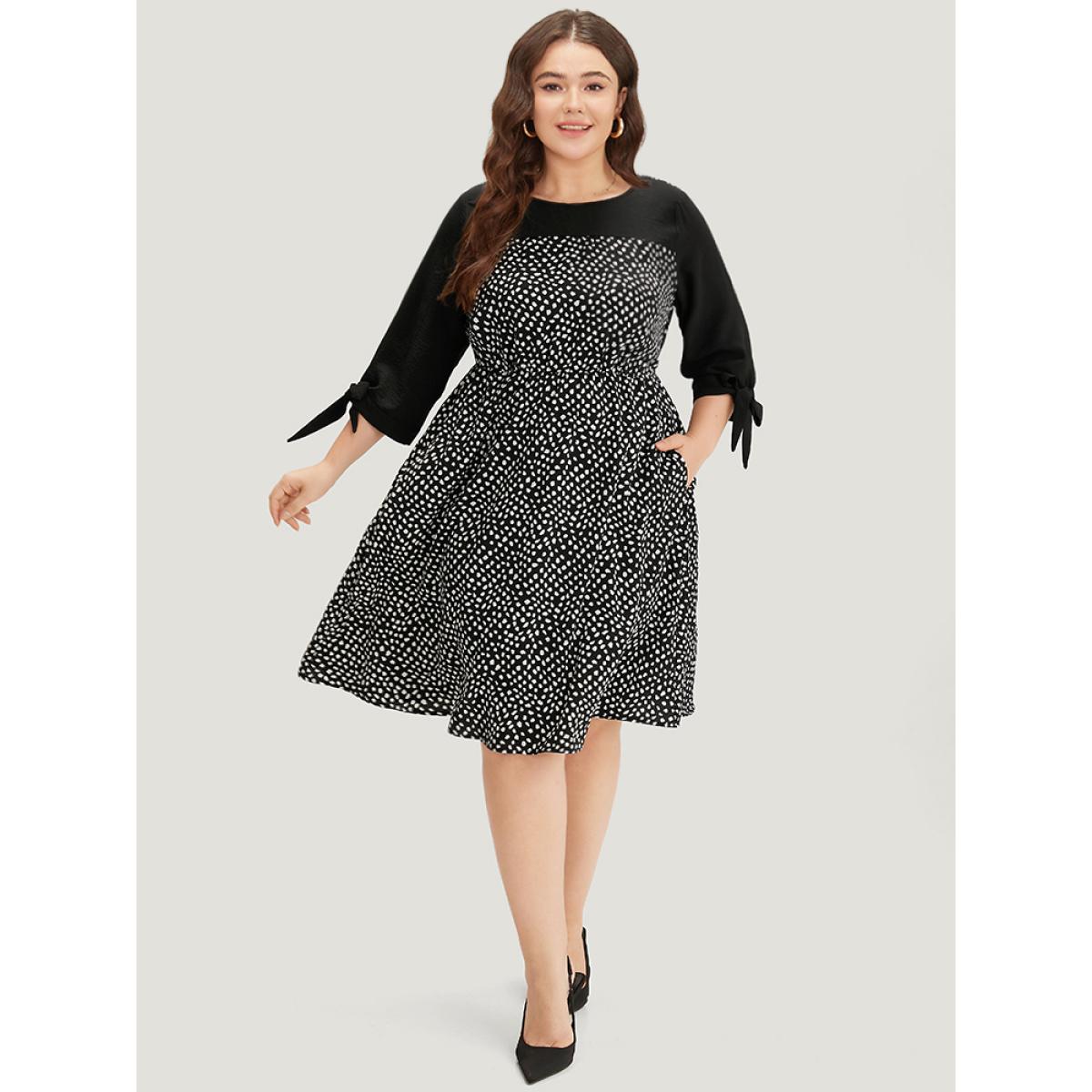 Plus Size Geometric Graphic Patchwork Knot Cuffs Dress Black Women Office Cross straps Round Neck Elbow-length sleeve Curvy Midi Dress BloomChic 26/4X Product Image