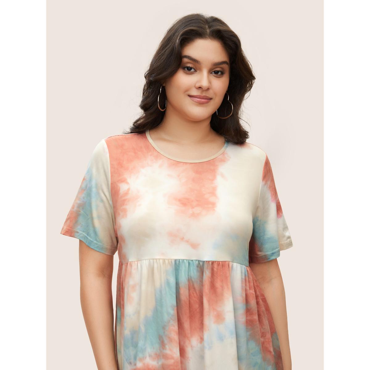 Plus Size Tie Dye Pocket Ruffle Hem Knee Dress Crepe Women Casual Non Round Neck Short sleeve Curvy Knee Dress BloomChic 14-16/1X Product Image