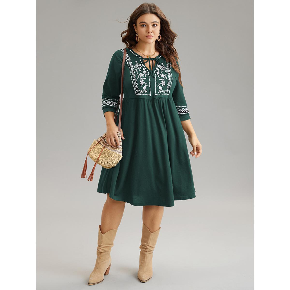 Plus Size Bandana Embroidered Tie Neck Gathered Dress DarkGreen Women Vacation Gathered Tie Neck Elbow-length sleeve Curvy Knee Dress BloomChic 12/L Product Image