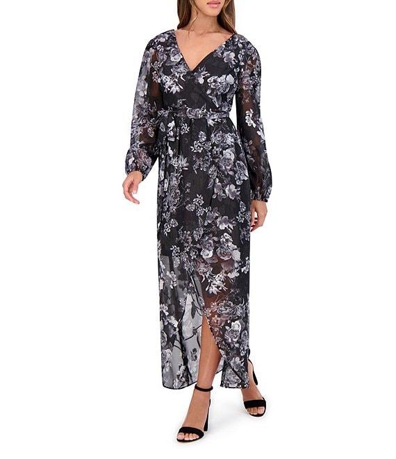 SIENA V-Neck Long Sleeves Floral Print Chiffon Faux Wrap Midi Dress Product Image