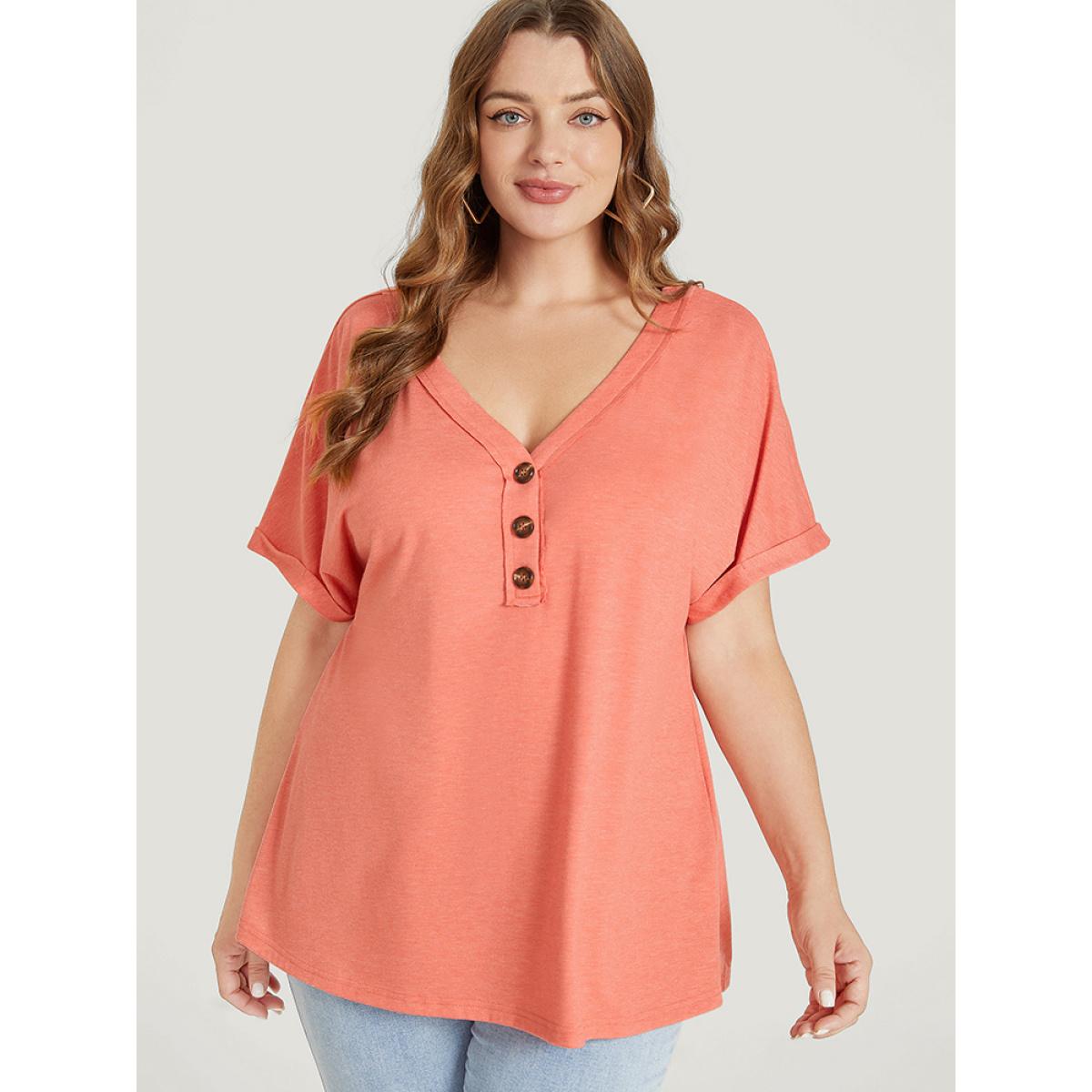Plus Size Plain Button Detail Roll Dolman Sleeve T-shirt Coral Women Casual Plain V-neck Dailywear T-shirts BloomChic 26/4X Product Image