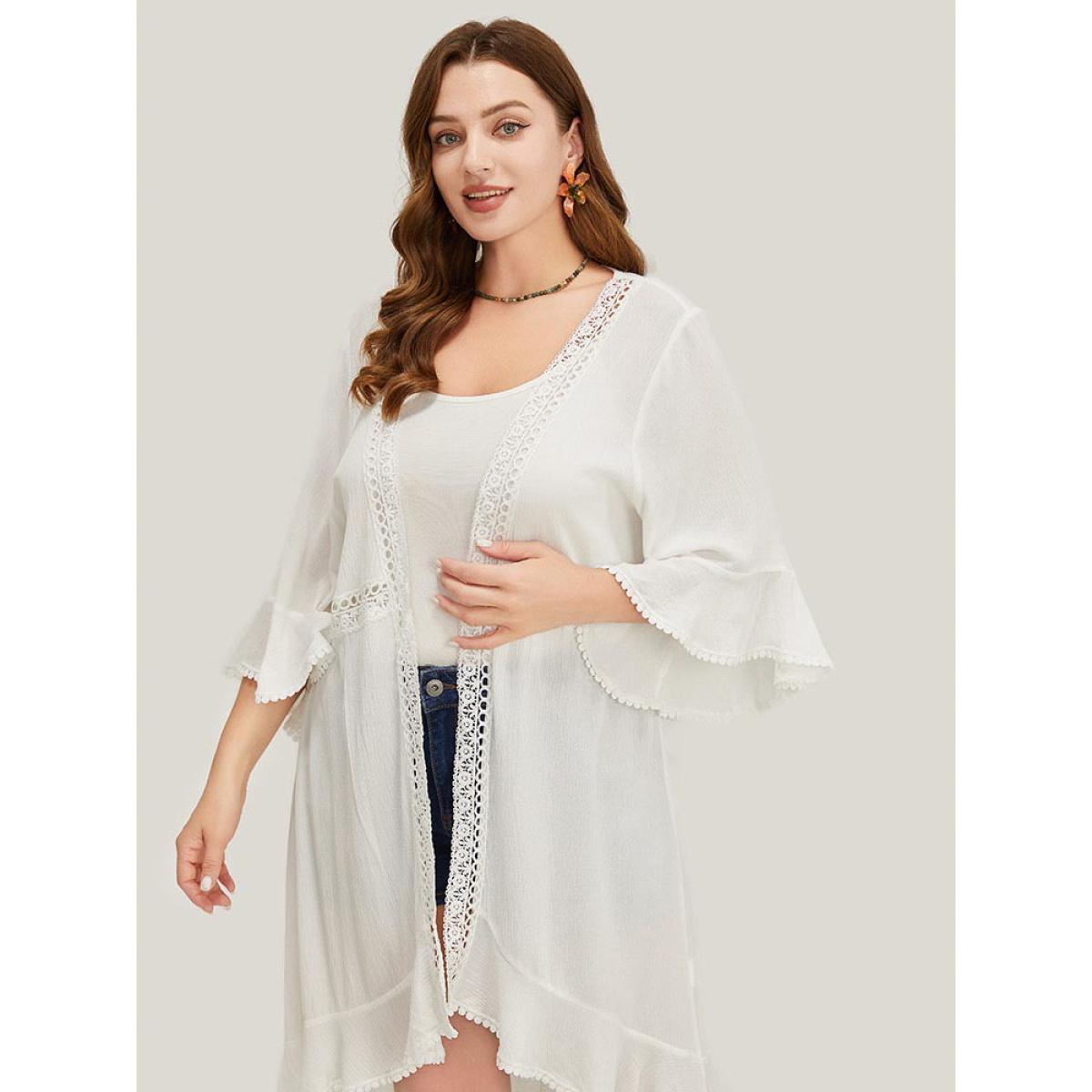 Plus Size Plain Ruffle Sleeve Open Front Eyelet Lace Kimono Women White Vacation Loose Dailywear Kimonos BloomChic 14-16/1X Product Image