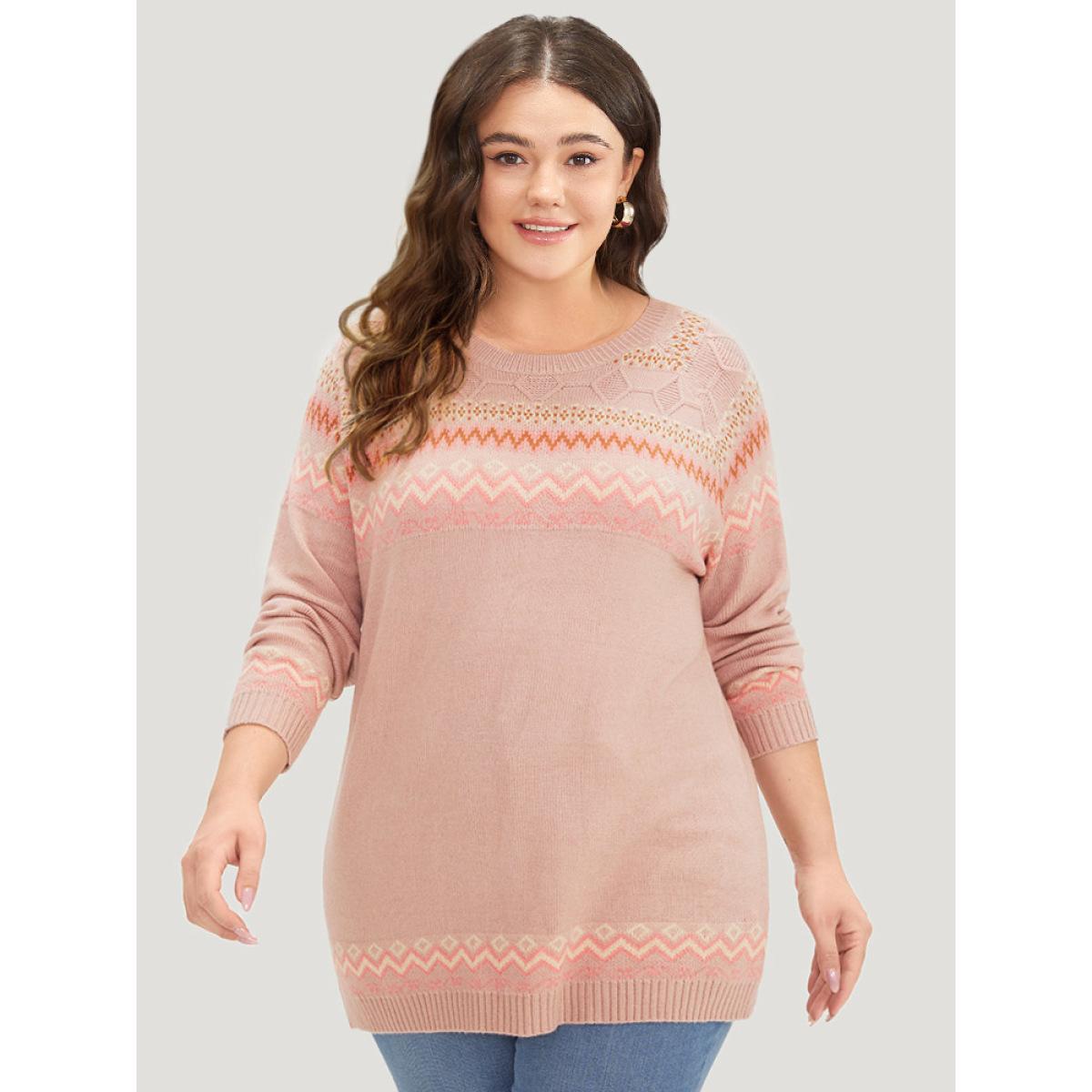 Plus Size Supersoft Essentials Geometric Graphic Plisse Pullover Crepe Women Casual Loose Long Sleeve Round Neck Dailywear Pullovers BloomChic 12/L Product Image
