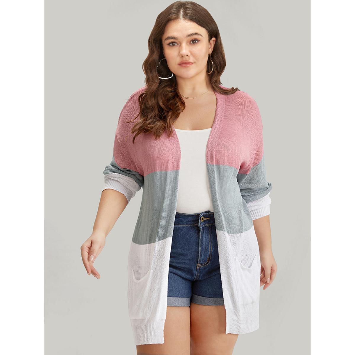 Plus Size Colorblock Pocket Drop Shoulder Elastic Cuffs Contrast Cardigan Pink Women Casual Loose Long Sleeve Dailywear Cardigans BloomChic 30/6X Product Image