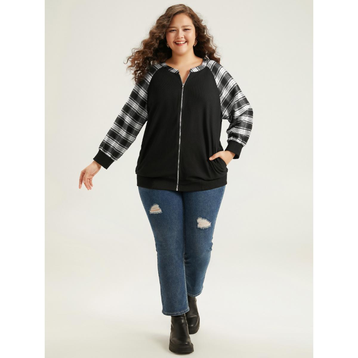 Plus Size Plaid Patchwork Pocket Zipper Fly Jacket Women Black Elastic cuffs Pocket Dailywear Jackets BloomChic 14-16/1X Product Image