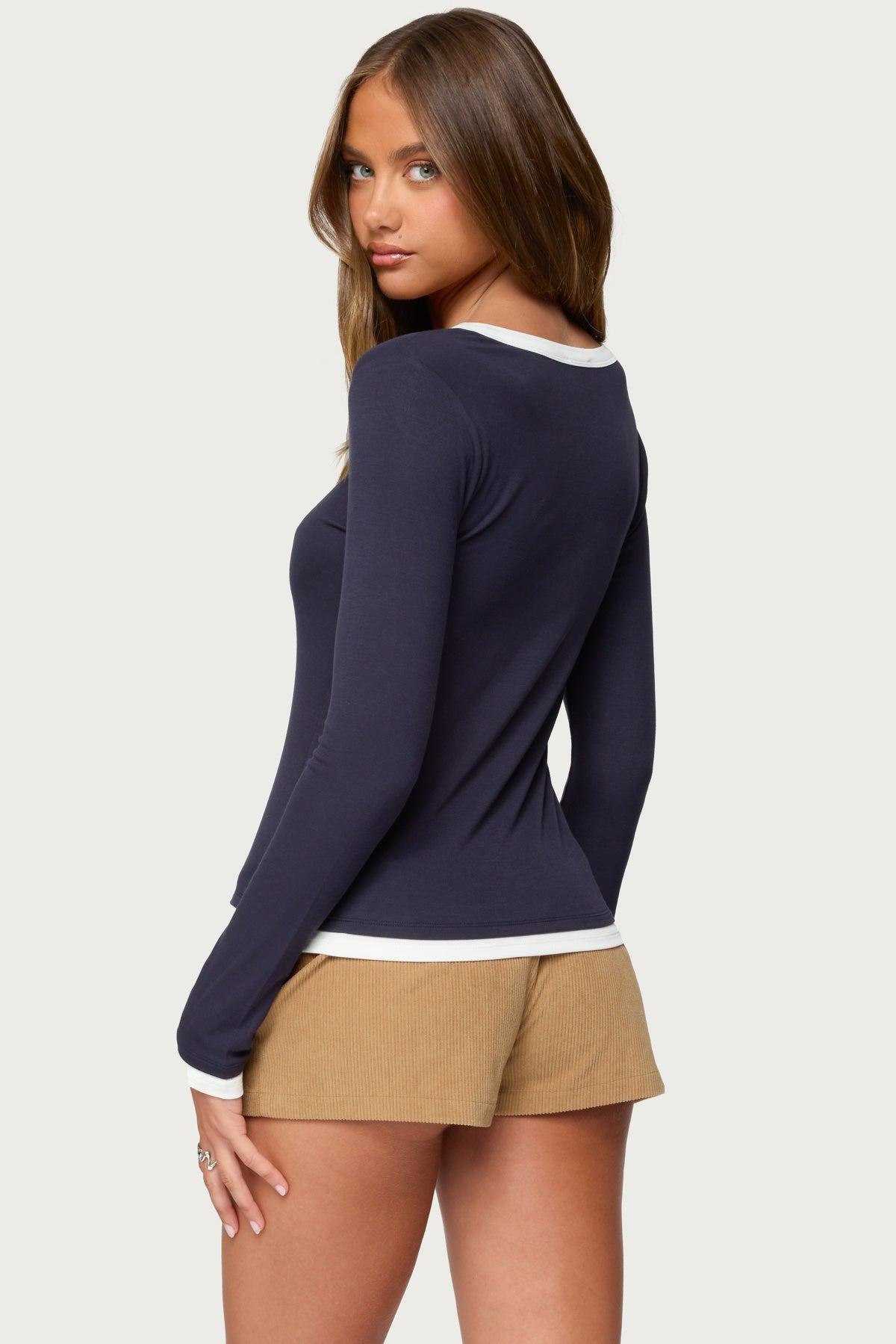 Contrast Layered Look Henley Top Product Image