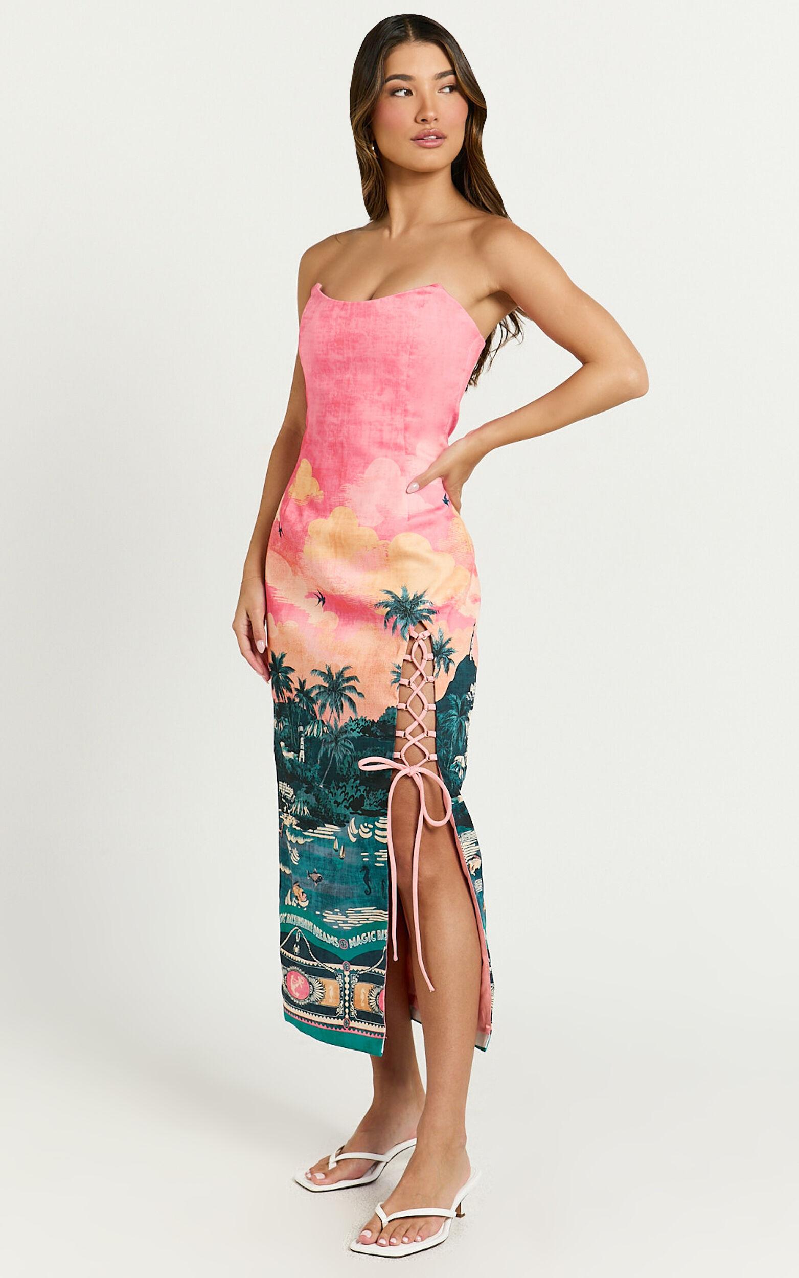Amalie The Label - Leesha Strapless Fitted Split Leg Midi Dress in Island Sunset Print Product Image