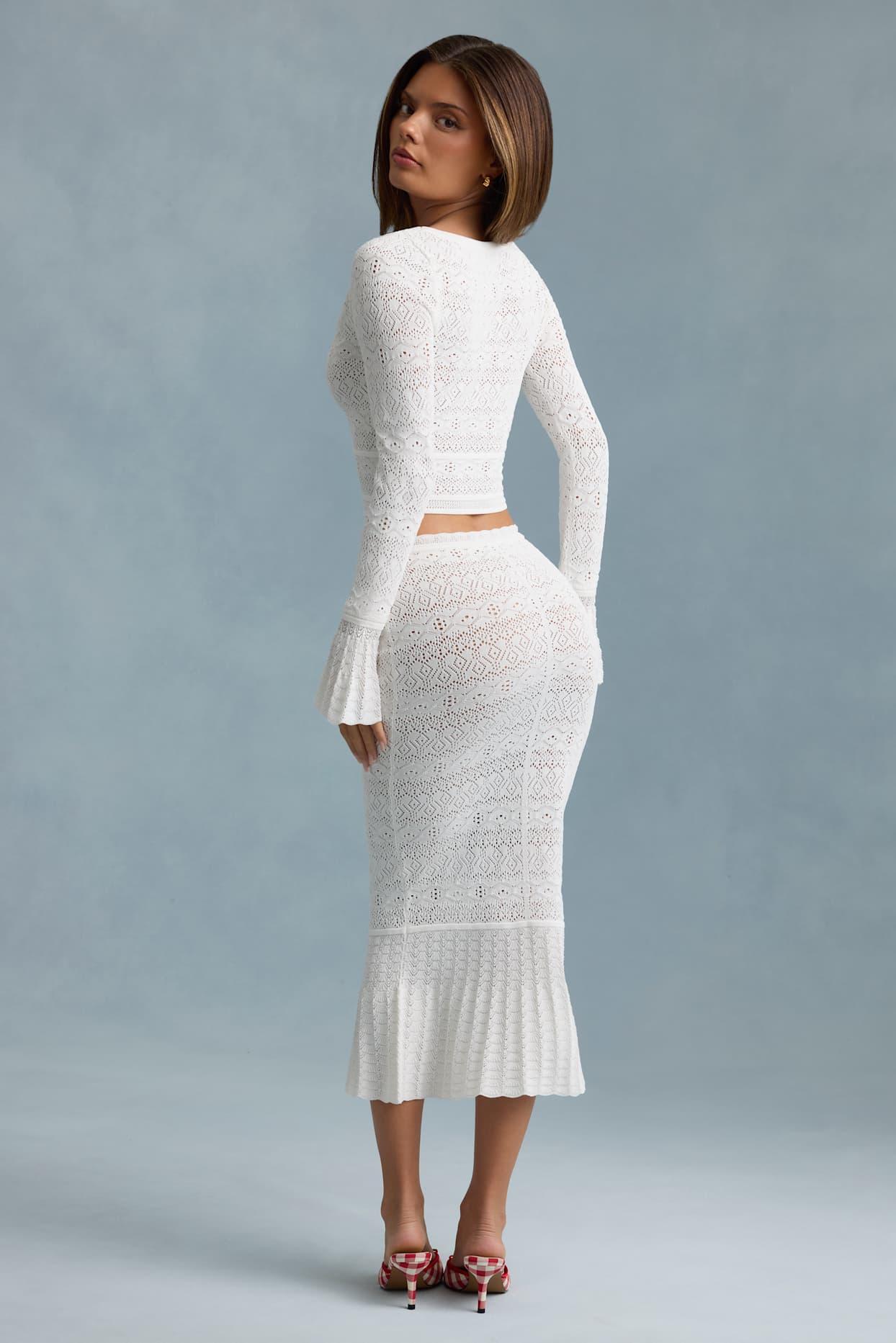 Ruffle-Trim Pointelle-Knit Midaxi Skirt in White Product Image