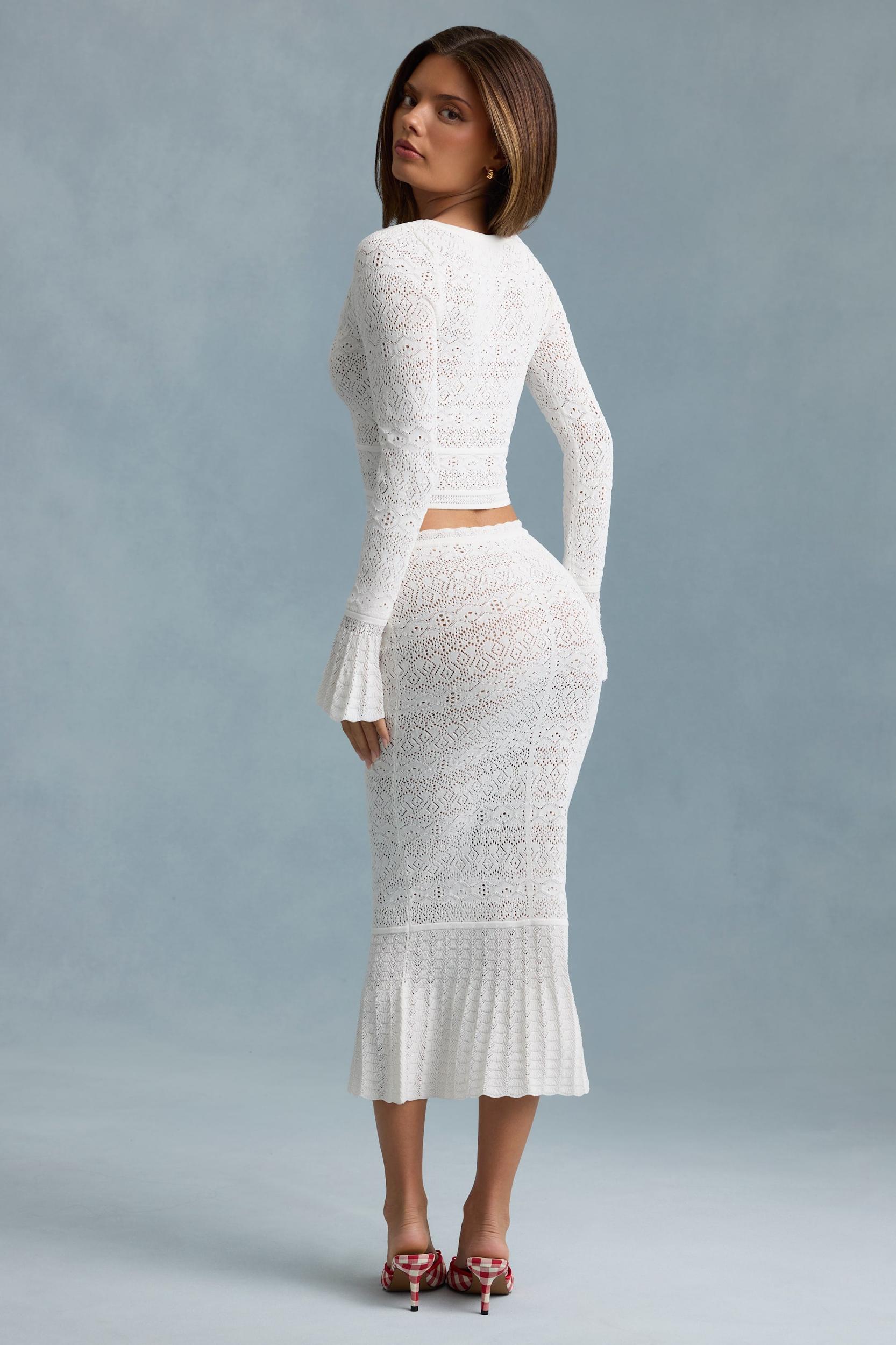 Ruffle-Trim Pointelle-Knit Midaxi Skirt in White Product Image