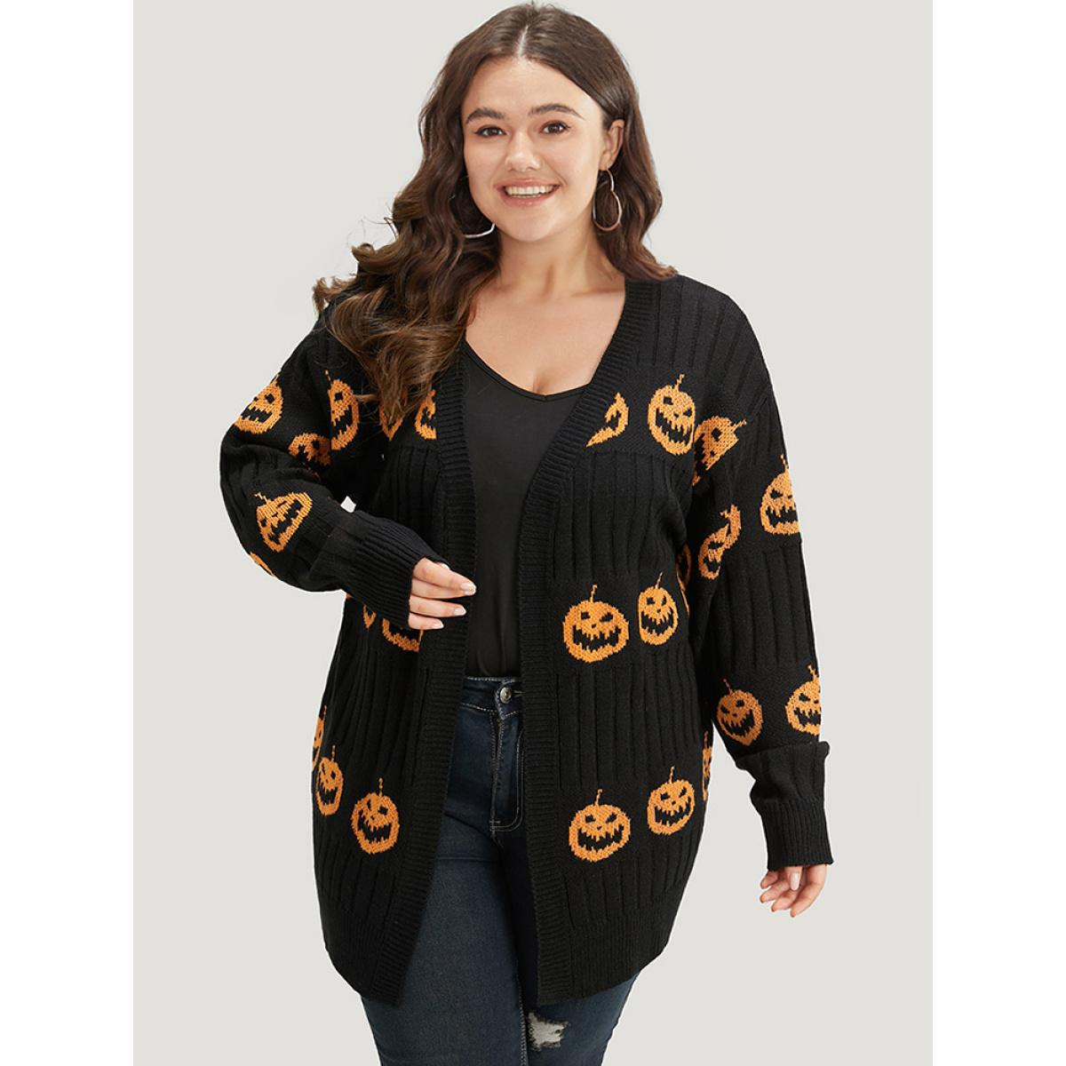 Plus Size Halloween Pumpkin Graphic Open Front Cardigan Black Women Casual Loose Long Sleeve Festival-Halloween Cardigans BloomChic 14-16/1X Product Image