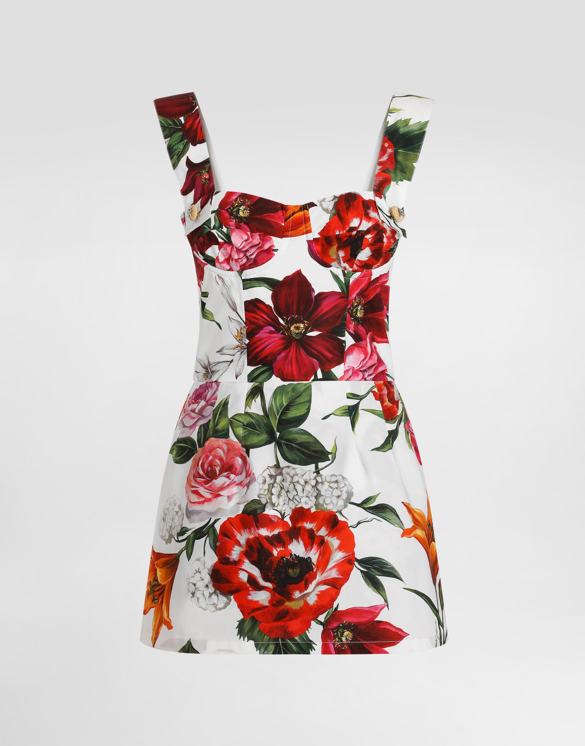 DOLCE & GABBANA Floral-printed Cotton Poplin Bustier Mini Dress In White Product Image