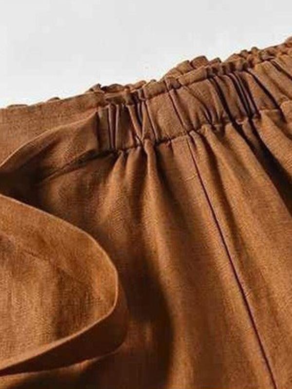 Simple Ramie Cotton Solid Color Loose Ninth Wide-Leg Pants Product Image