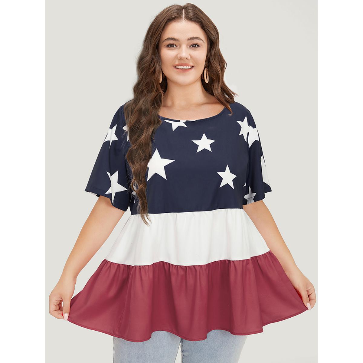 Plus Size Multicolor Star Patchwork Contrast Layered Hem Blouse Women Elegant Short sleeve Round Neck Everyday Blouses BloomChic 12/L Product Image