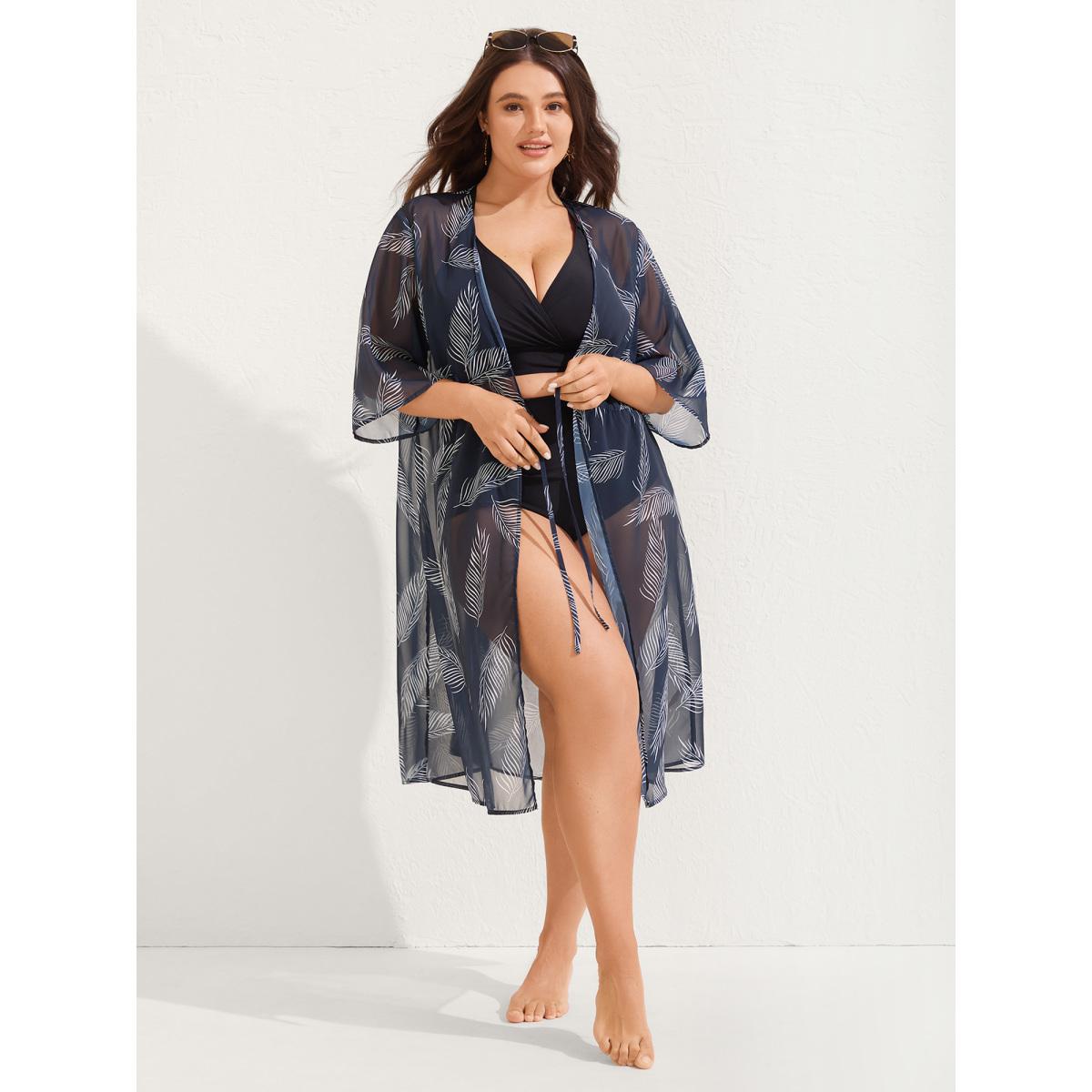 Plus Size Chiffon Feather Print Sheer Kimono Women DarkBlue See through Vacation Kimonos BloomChic 10/M Product Image