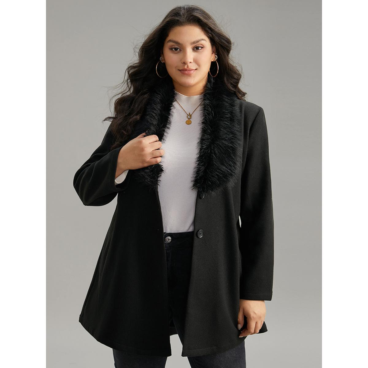 Plus Size Plain Fuzzy Trim Patchwork Belted Coat Women Black Casual Plain Ladies Dailywear Winter Coats BloomChic 22-24/3X Product Image
