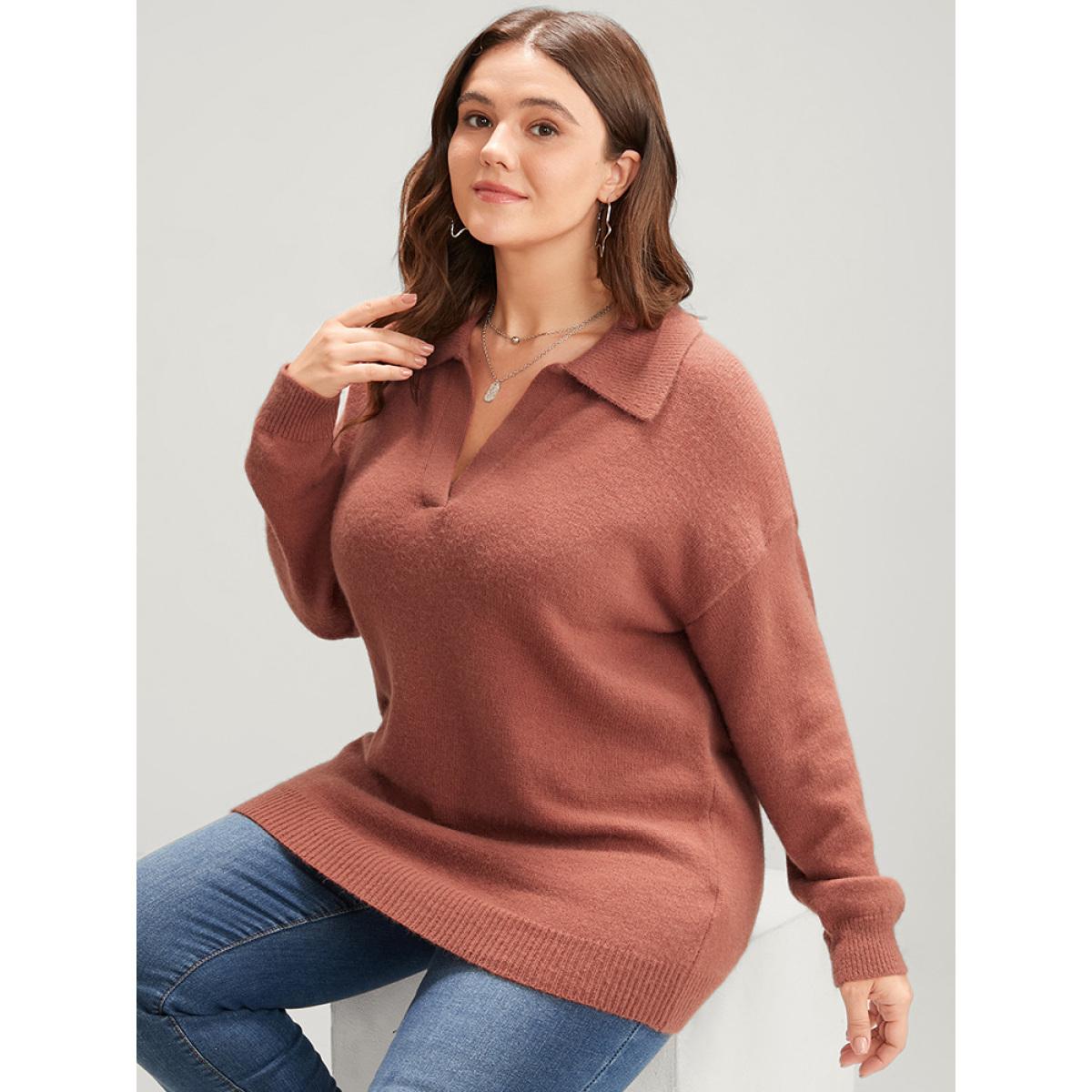 Plus Size Solid Super Soft Knit Lapel Collar Fluffy Knit Top Russet Women Casual Loose Long Sleeve Lapel Collar Dailywear Pullovers BloomChic 26/4X Product Image