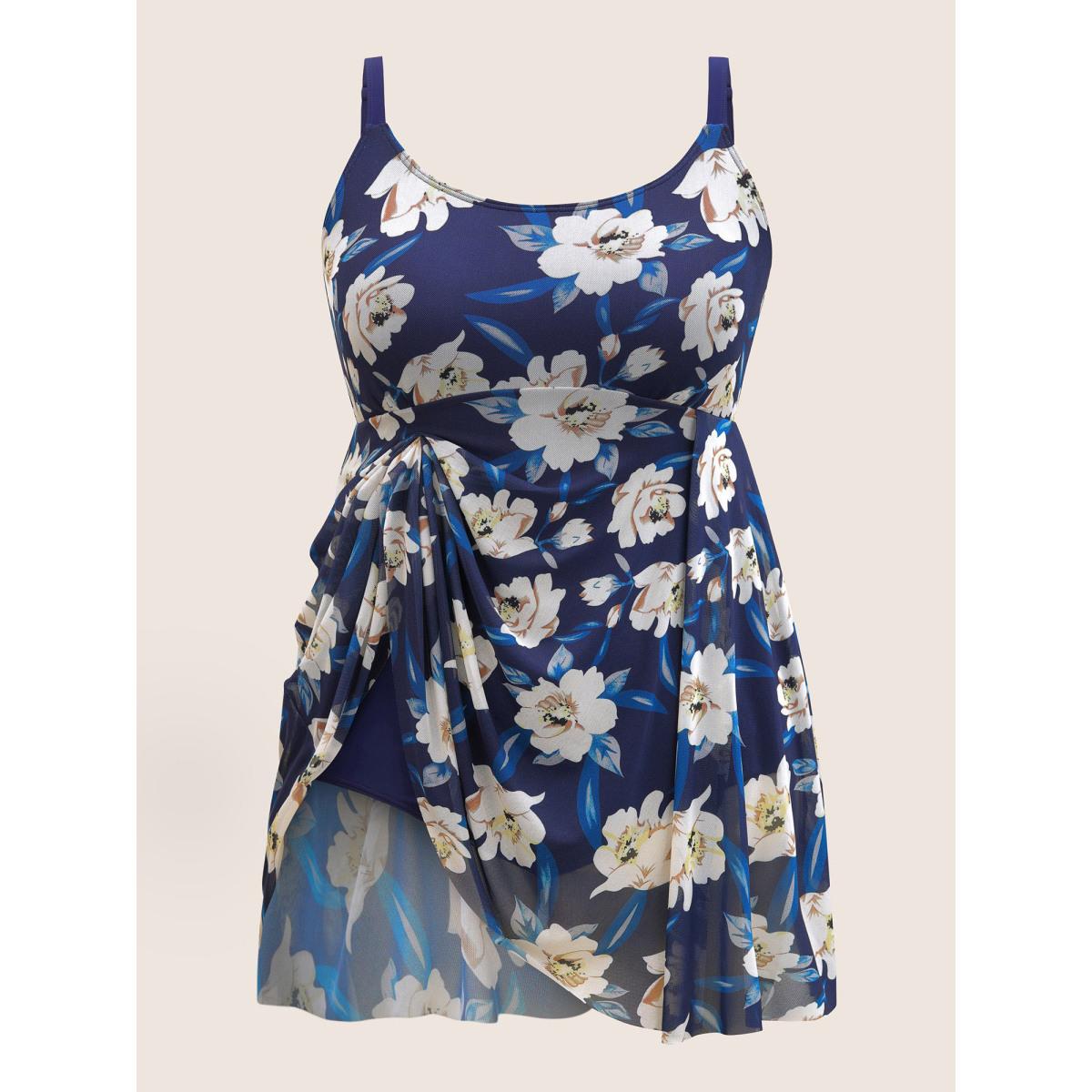 Plus Size Floral Adjustable Straps Split Hem Swim Dress Women's Swimwear Indigo Beach Bodycon U-neck High stretch Curve Swim Dresses BloomChic 22-24/3X Product Image