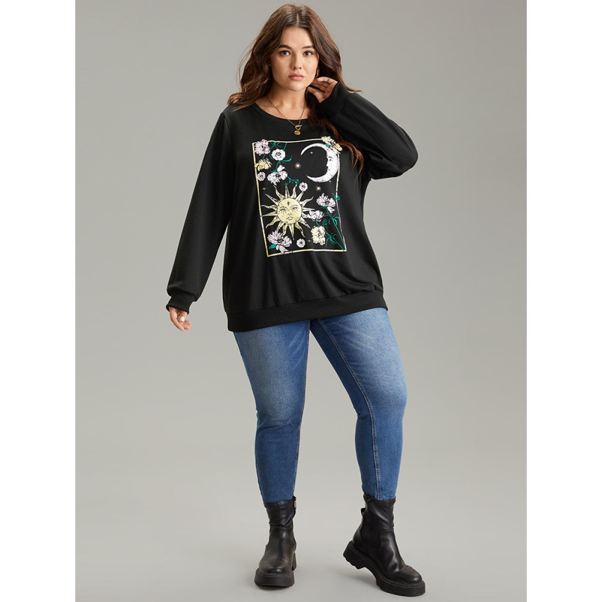 Plus Size Horoscope Print Rib Knit Round Neck Sweatshirt Women Black Casual Rib Knit Dailywear Sweatshirts BloomChic 18-20/2X Product Image