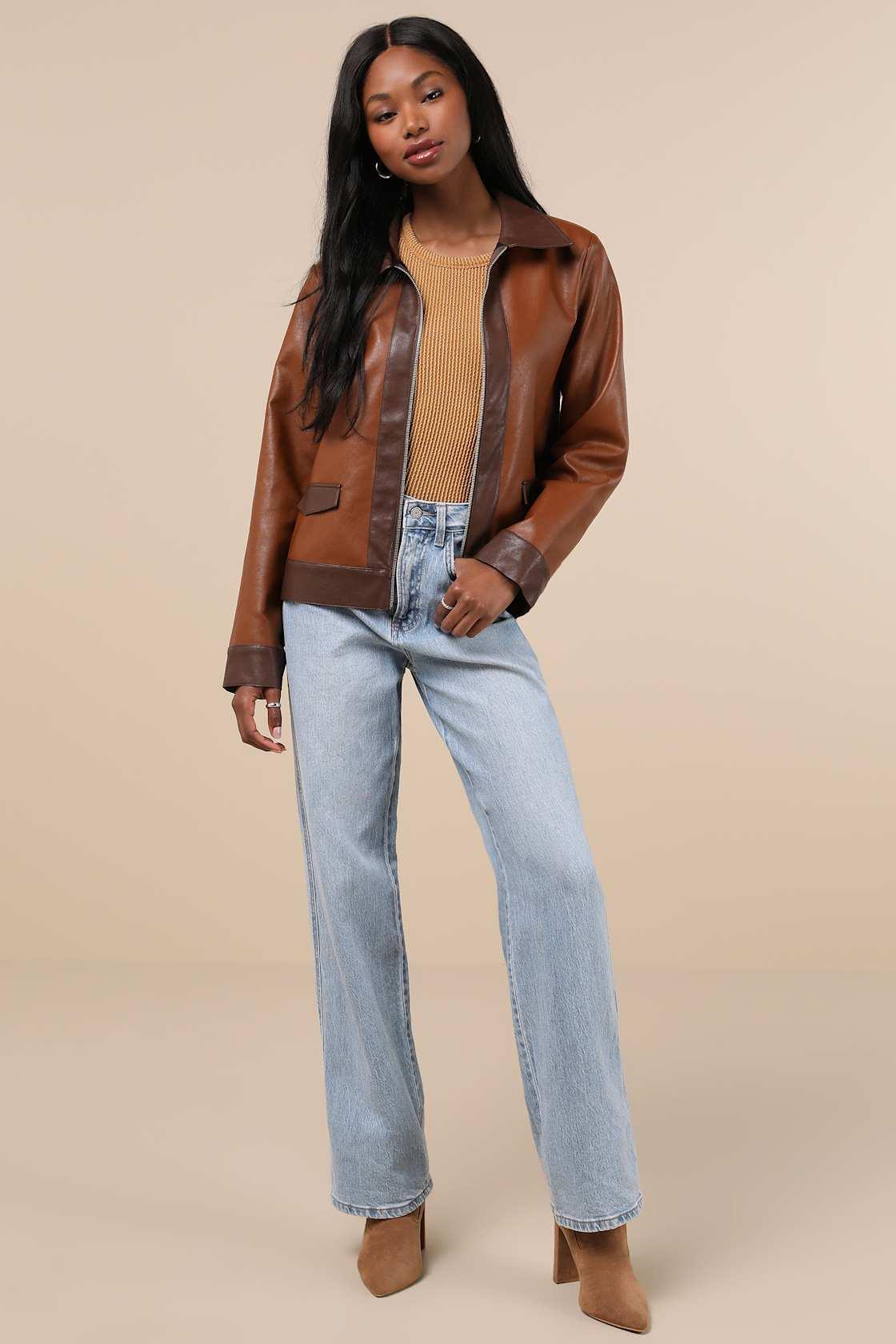 Immaculately Chic Brown Color Block Vegan Leather Moto Jacket Product Image