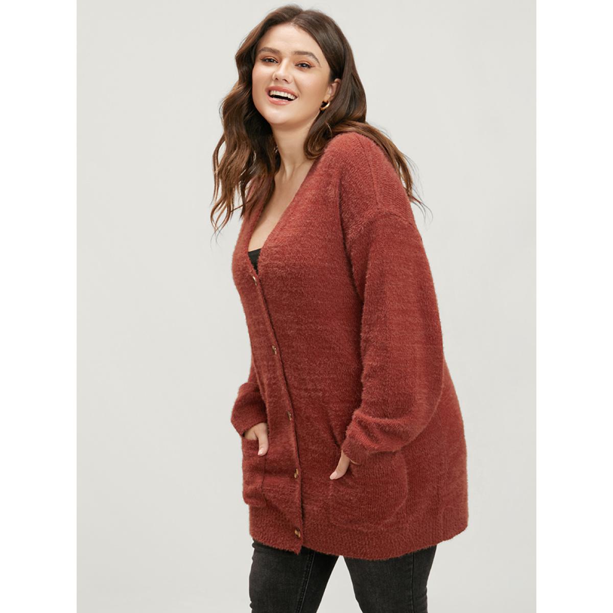 Plus Size Solid Pointelle Knit Pocket Button Front Heather Cardigan Maroon Women Casual Loose Long Sleeve Dailywear Cardigans BloomChic 18-20/2X Product Image