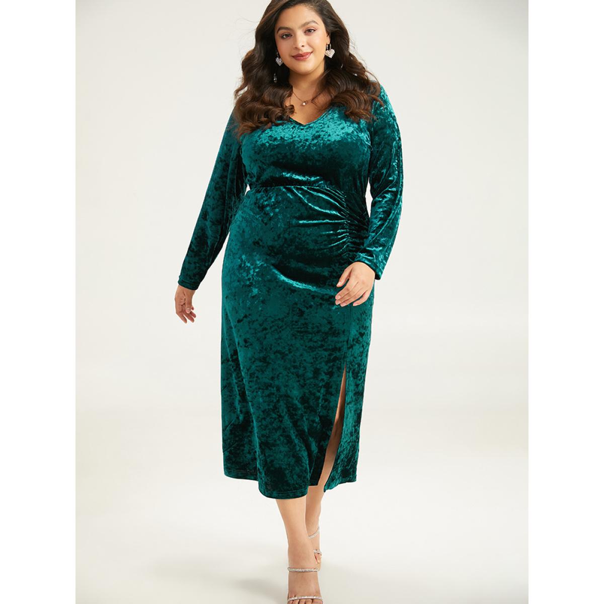 Plus Size Velvet Solid Ruched Long Sleeve Dress DarkGreen Women Glamour Gathered V-neck Long Sleeve Curvy Midi Dress BloomChic 18-20/2X Product Image