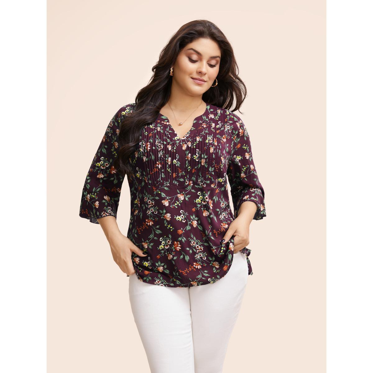 Plus Size Plum Ditsy Floral Pleated Flutter Sleeve Blouse Women Elegant Elbow-length sleeve Flat collar with V-notch Everyday Blouses BloomChic 18-20/2X Product Image