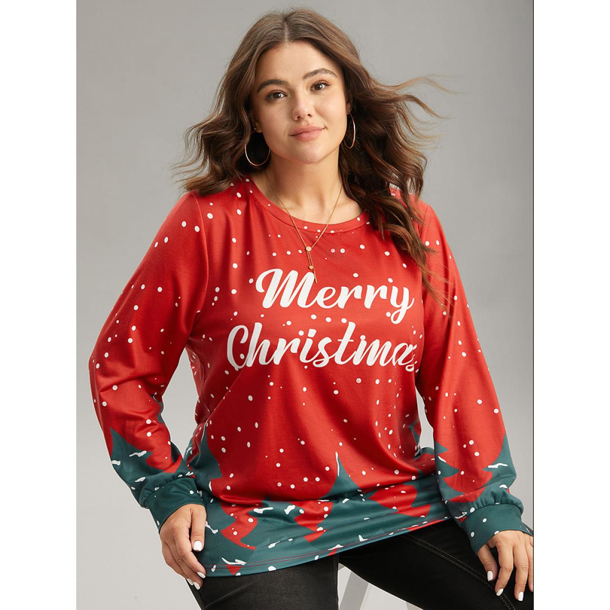 Plus Size Christmas Trees Snowflake Round Neck Sweatshirt Women Red Casual Contrast Festival-Christmas Sweatshirts BloomChic 28/5X Product Image