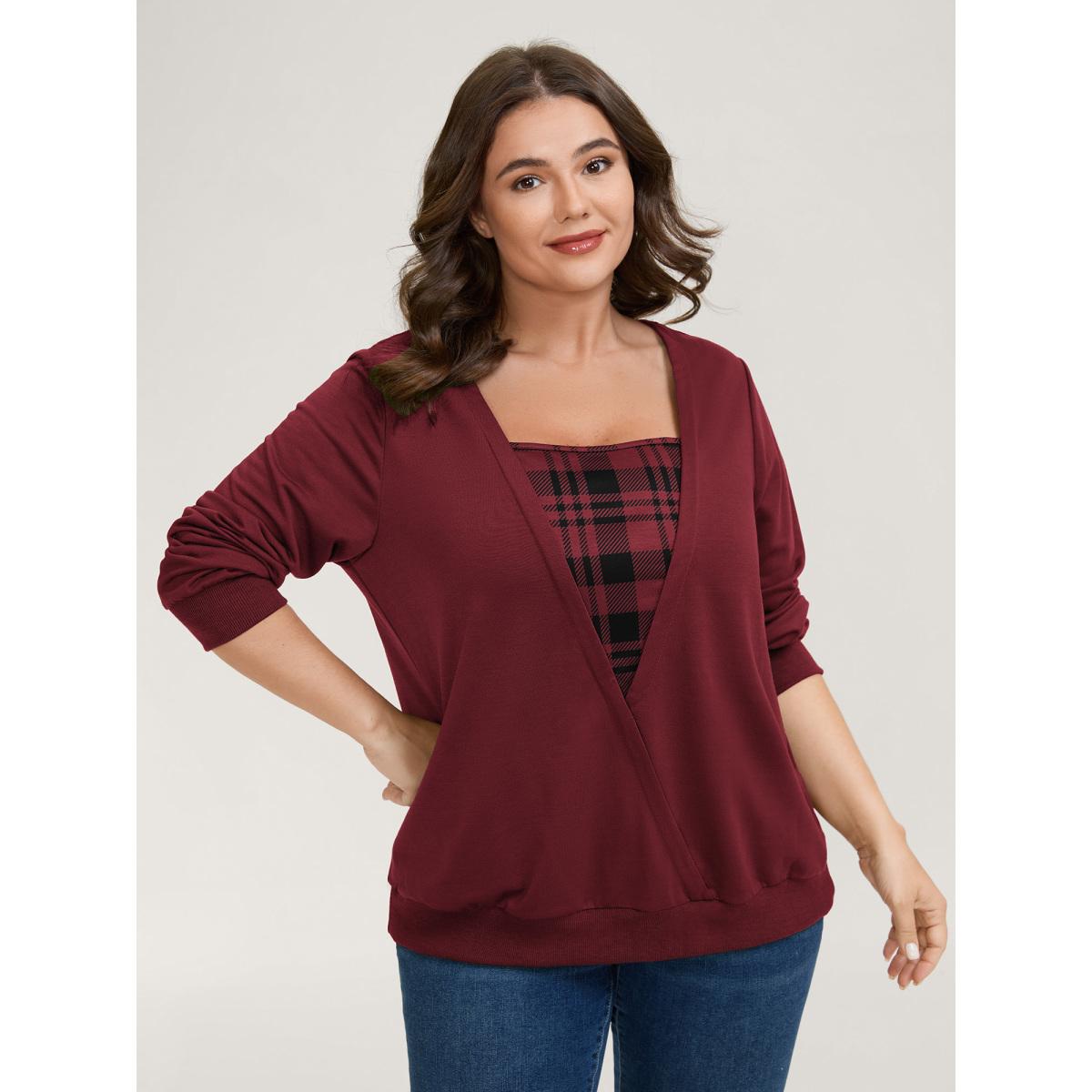 Plus Size Plaid Spliced Wrap Contrast Sweatshirt Women Deeppurple Leisure Square Neck Casual Sweatshirts BloomChic 18-20/2X Product Image