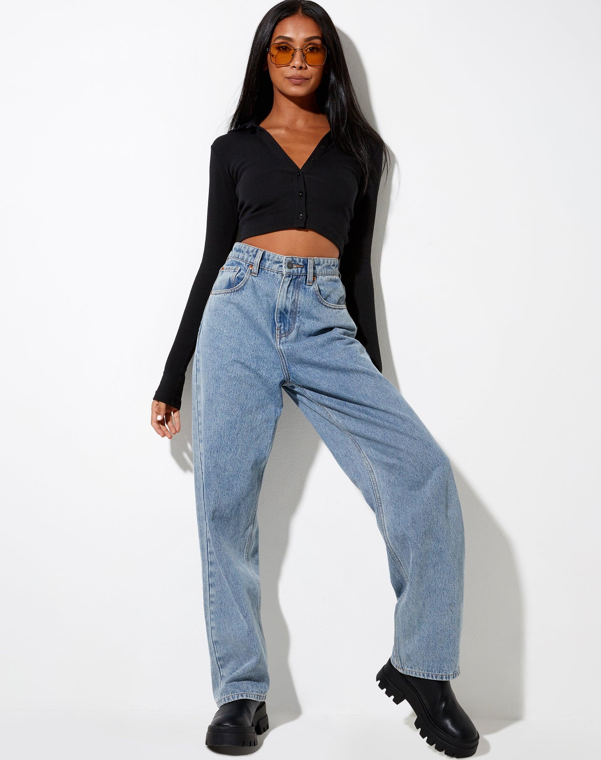 Ryals Long Sleeve Top in Rib Black Product Image