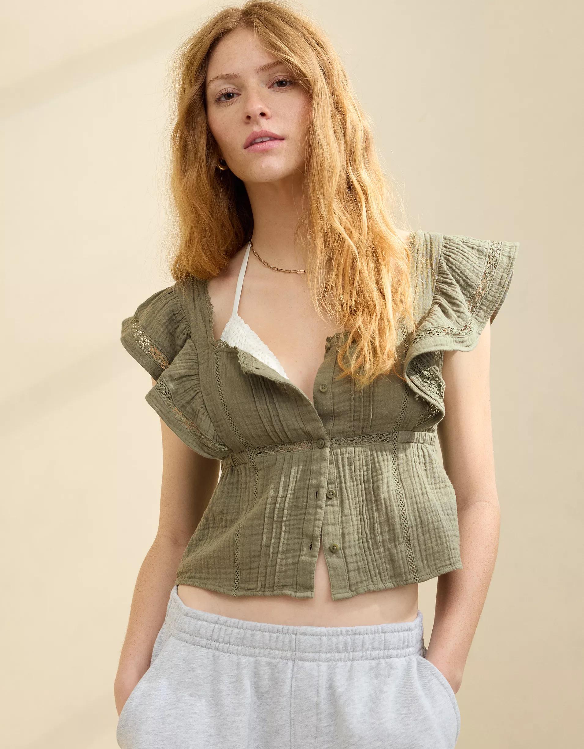 Aerie Button Front Ruffle Sleeve Top Product Image