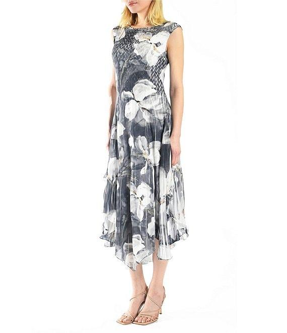 Komarov Charmeuse Chiffon Pleated Boat Neck Sleeveless Hanky Hem Midi Dress Product Image