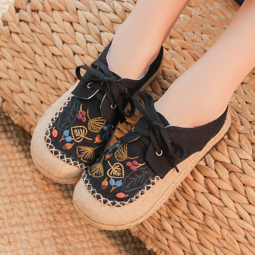 Leaf Embroidered Lace-Up Slip-Ons Product Image