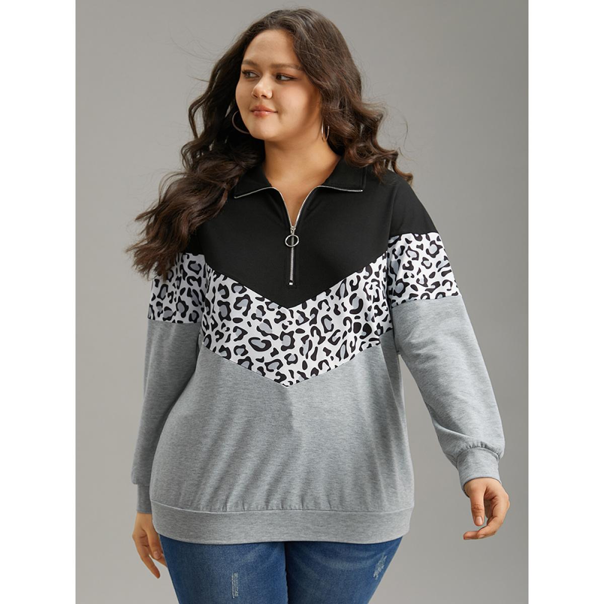 Plus Size Leopard Contrast Patchwork Half Zip Sweatshirt Women Black Casual Elastic cuffs Loose Polo Everyday Sweatshirts BloomChic 12/L Product Image