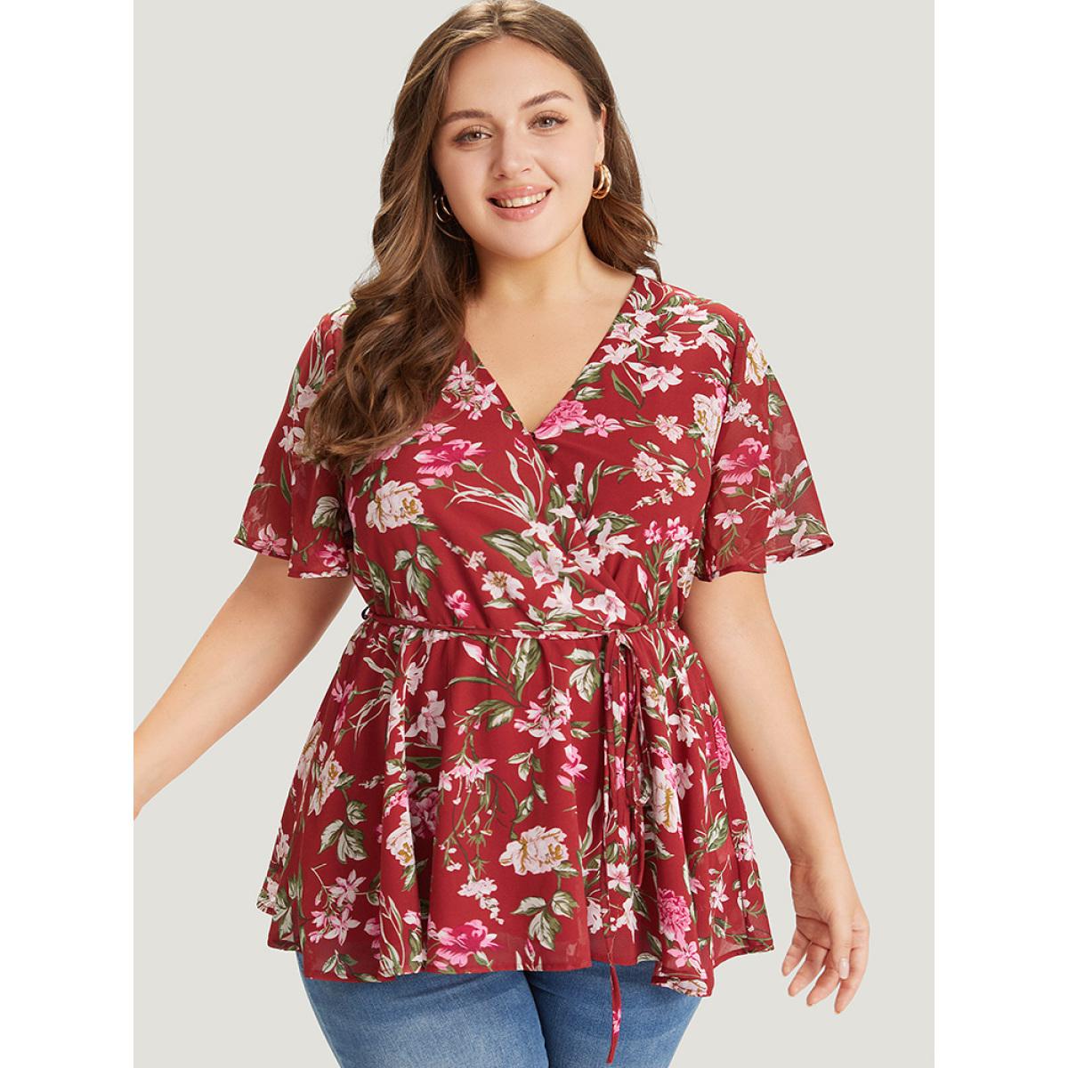 Plus Size Scarlet Floral Wrap Ruffle Sleeve Ties Blouse Women Elegant Short sleeve V-neck Dailywear Blouses BloomChic 28/5X Product Image