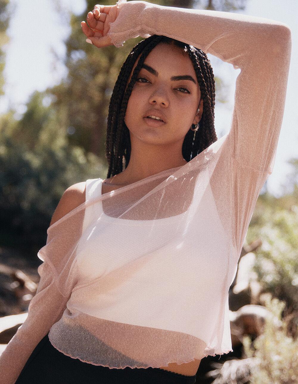 RSQ Womens Metallic Long Sleeve Tee - PINK Product Image