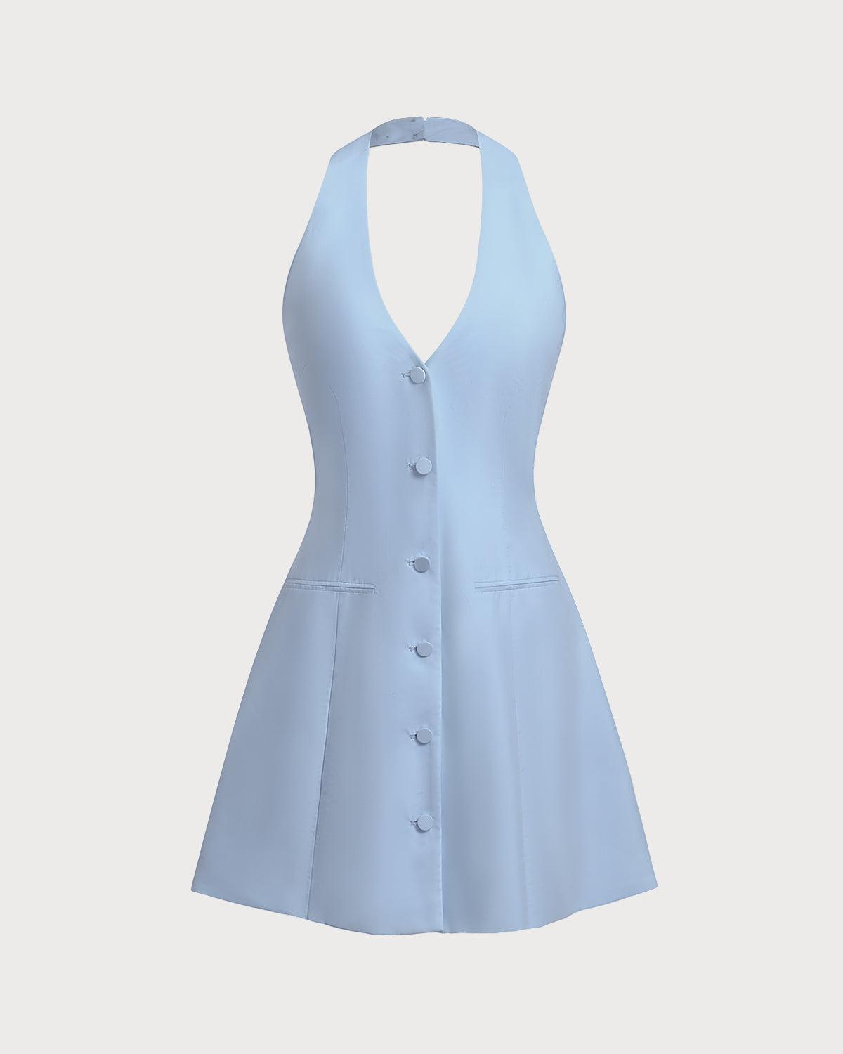 Blue Button Pocket Halter Mini Dress Product Image